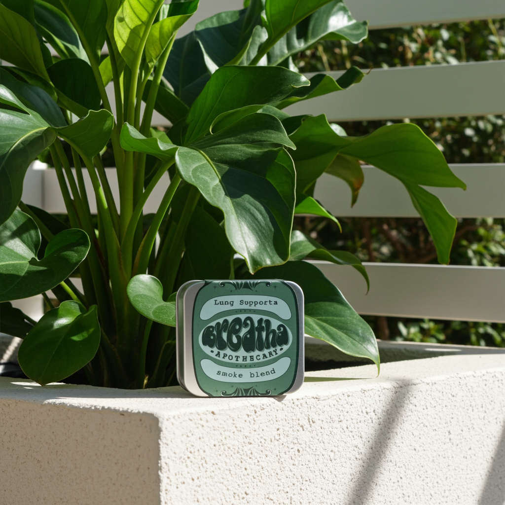 Breatha Apothecary product in front of a potted plant