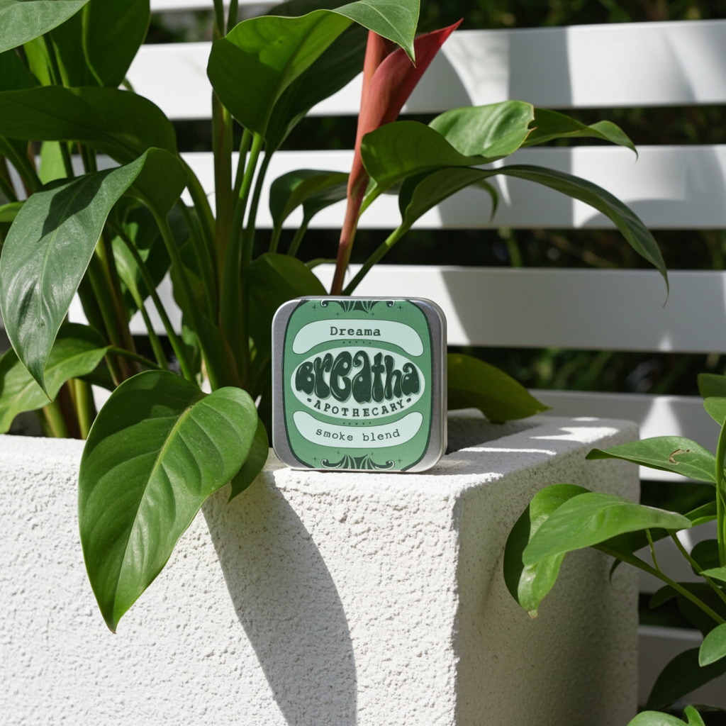 Tin box with 'Breatha' branding on a white surface with green leaves.